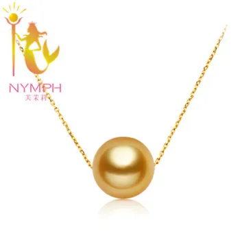 

NYMPH genuine high quality 9-10 mm round golden south sea pearl necklace&pendant with real 18 k gold,2014 new style[simple love]