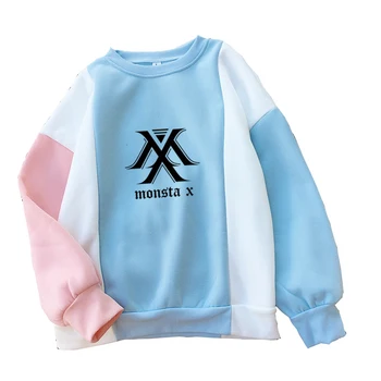 

MONSTA X Hoodies Autumn New Women Koren Kpop Long Sleeve Raglan Harajuku Casual Kawaii Colorblock Splicing Thick Sweatshirt