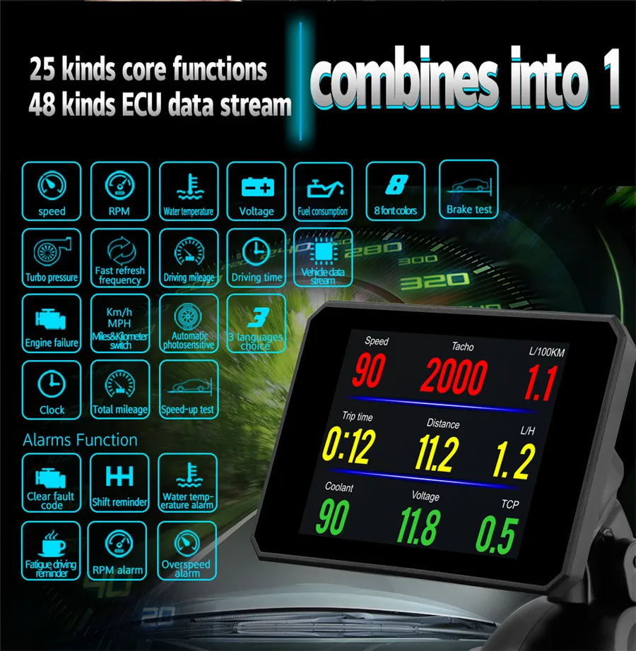 3,9 дюймов OBD2 HUD HD дисплей на лобовое стекло автомобиля скорость проектор на лобовое стекло дисплей на лобовое стекло скорость метр Автоматическая сигнализация температура воды масла