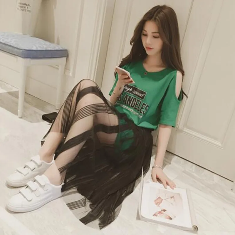 

Plus size 5xl women dress suit hollow out sleeve t shirt+black Net veil skirt 3 color