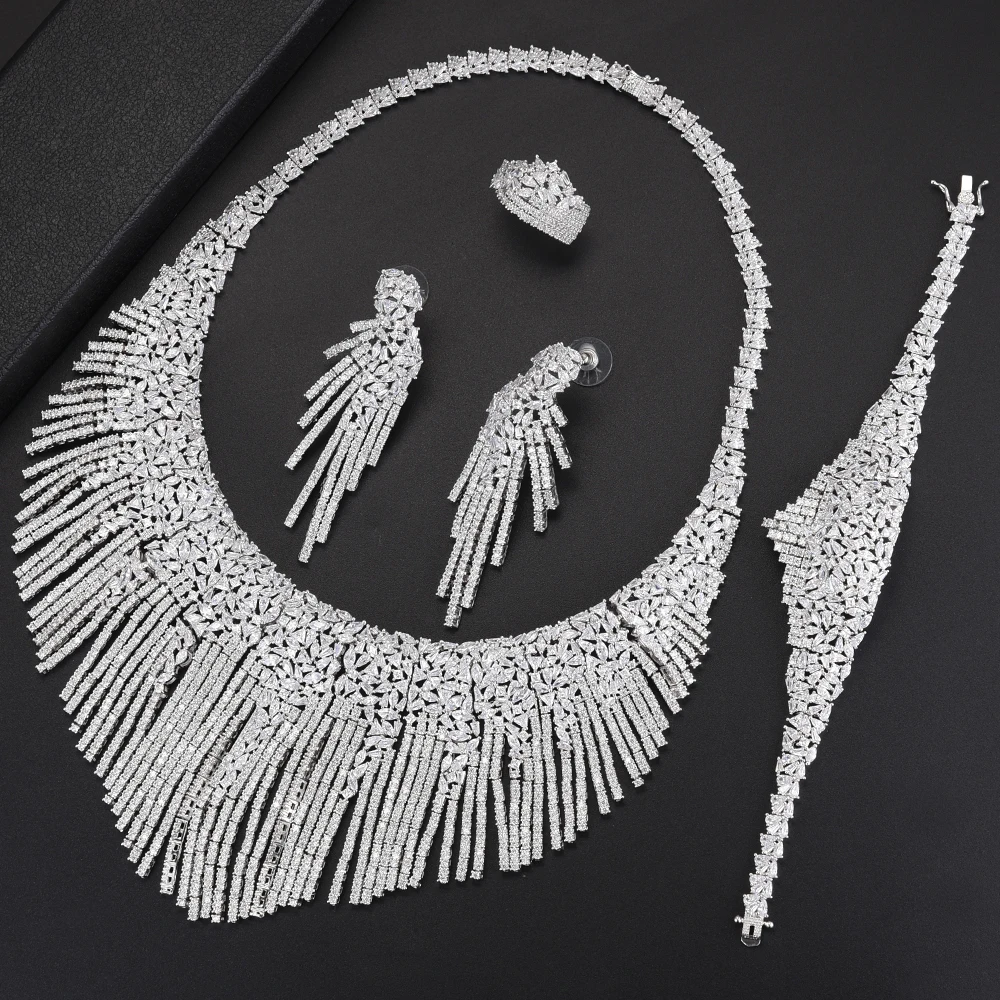 

Luxury Nigerian Wedding Jewelry Sets Cubic Zirconia Inlaid Big Choker Necklace Earrings Bracelet Ring Jewelry Sets For Bride