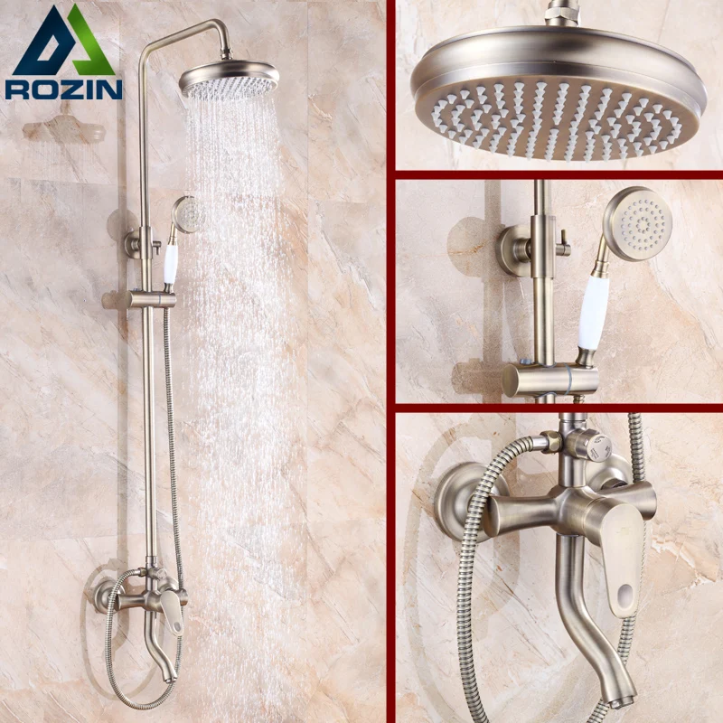 

Newly Antique Bronze Shower Faucet Set Single Handle Brass Mixer Valve 8" Rainfall Shower Head + tub Spout + hand shower
