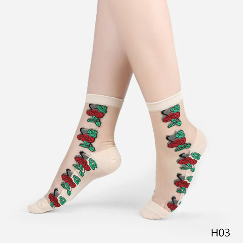 1 пара, модные женские кружевные высокие носки в сеточку с рыбками, хрустальные шелковые короткие тонкие прозрачные носки в сеточку с розами - Цвет: 3