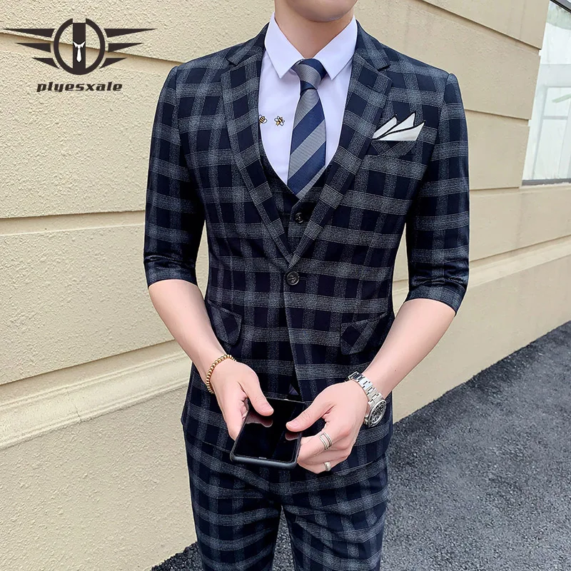 

Plyesxale Half Sleeve Men Summer Suit 2019 Slim Fit Gray Navy Blue Plaid Suit For Men Luxury 3 Pieces Groom Wedding Suits Q310