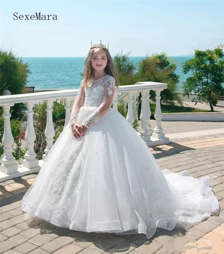 

Gorgeous Flower Girl Dress with Long Sleeves Train Applique For Wedding First Communion Gowns Girls Pageant Gowns Formal Wearslx