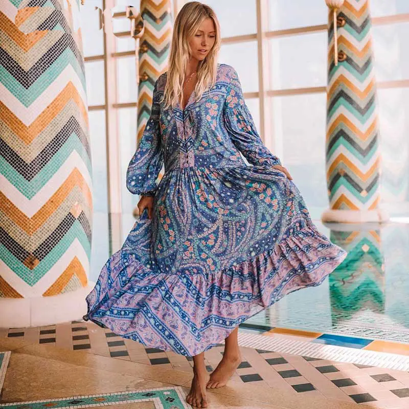 

Bohemian Inspired Mixed Floral Print Summer Dress City Lights Grown Women V Neck Button Boho Beach Loose Chic Hippie Vestidos