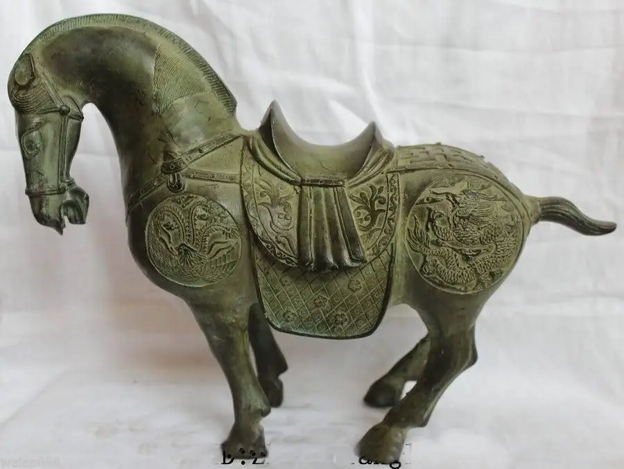 

Lucky Chinese Bronze Dragon Phoenix War Stand Tang Horse Statue Sculptures