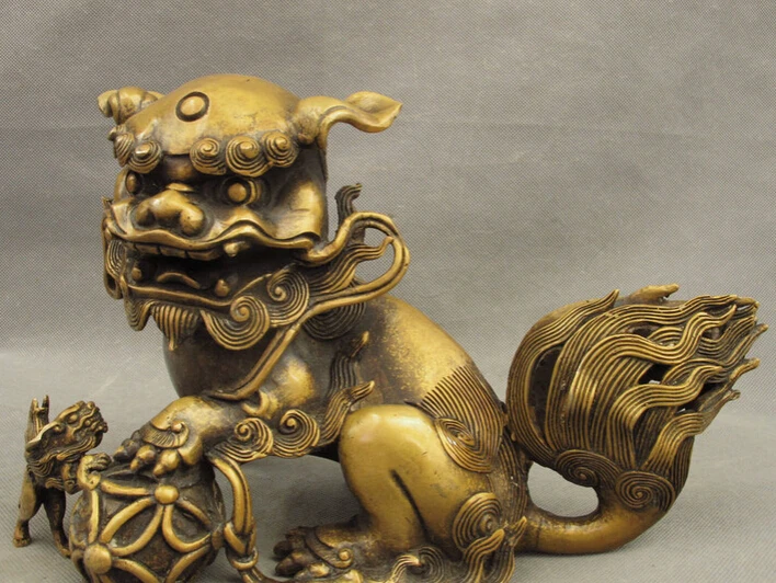 

song voge gem S5275 12" Chinese Bronze FengShui Wealth Foo Fu Dog Lion PiXiu Ball Statue Animals