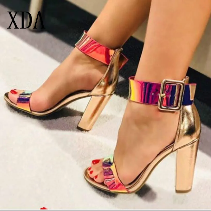 

XDA 2019 Fashion High Heels Peep Toe Iridescent Sandals Women's Shoes Summer Pumps Womens Shoes fashion Buckle Sandal Mujer D343