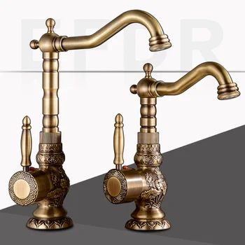 

European Antique Brass Kitchen Faucet Faucet Retro Carved Basin Faucet Rotating Single Handle Single Hole Hot And Cold Water Tap
