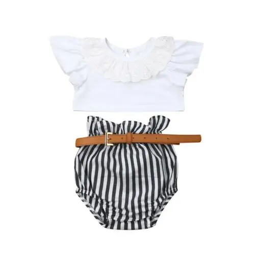 

Toddler Girl Clothes Cute Summer Outfit Baby Girls Ruffle Tops + Belt Short Pants Outfits Clothes 3pcs