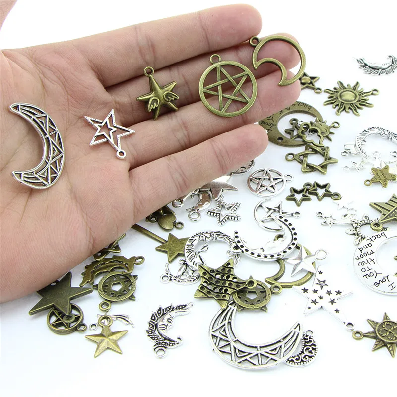73Pcs/Set Mixed Silver Antique Bronze Moon Star Sun Charm Pendants For DIY Jewelry Making Accessories