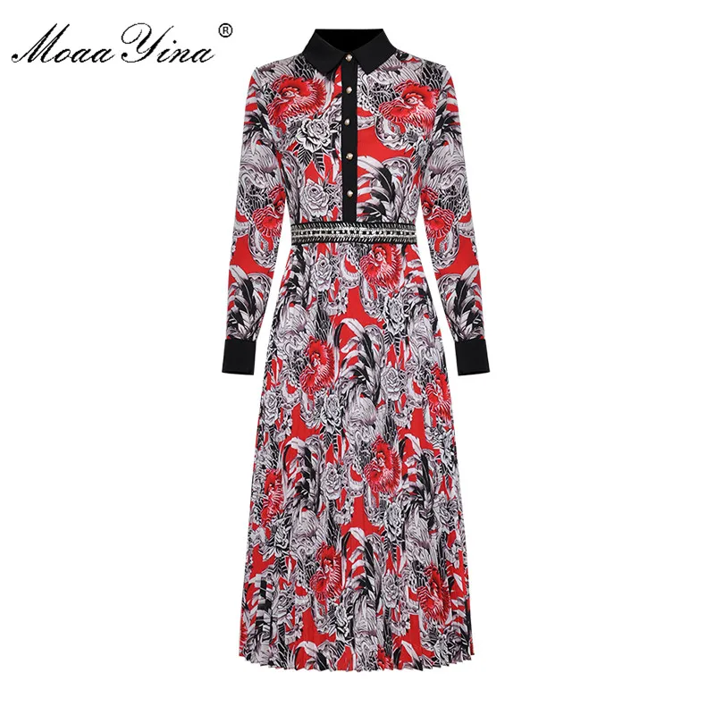 

MoaaYina Fashion Designer Runway Dress Spring Autumn Women Long sleeve Turn-down Collar pearl Button Vintage Floral-Print Dress