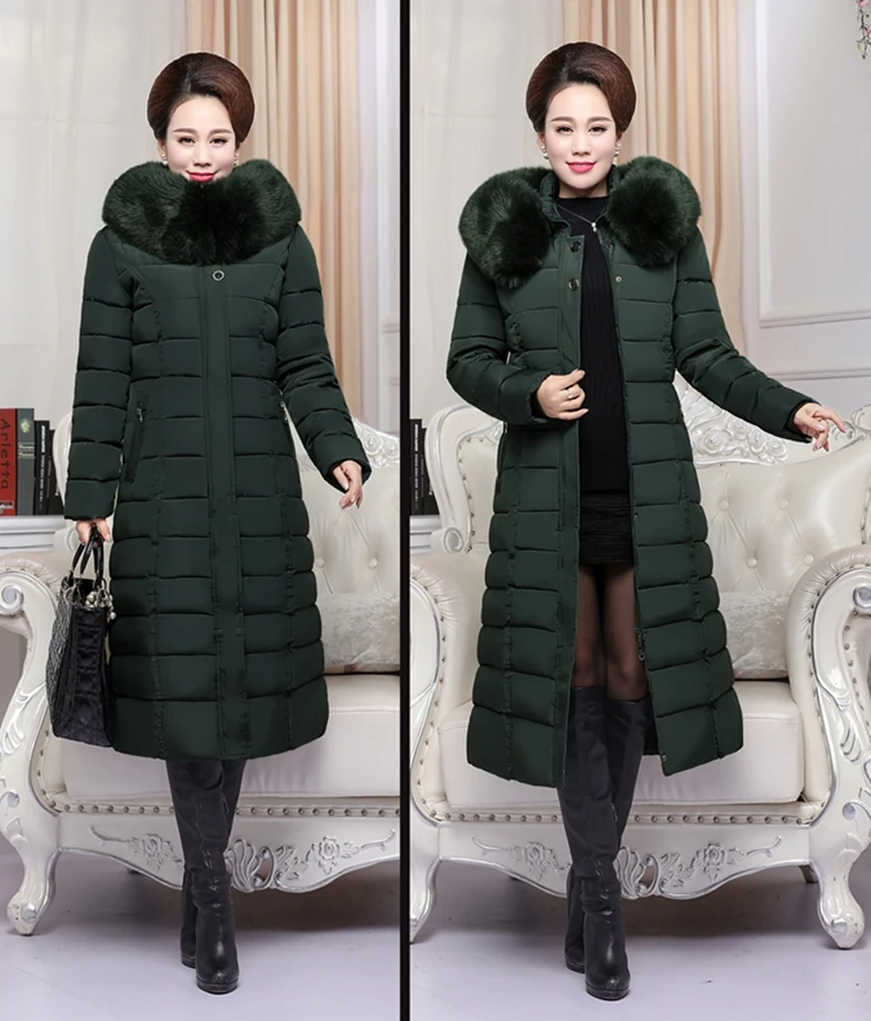 Женский пуховик для среднего возраста, пальто с капюшоном, тонкое плотное теплое длинное пальто большого размера, зимние куртки с меховым воротником для женщин