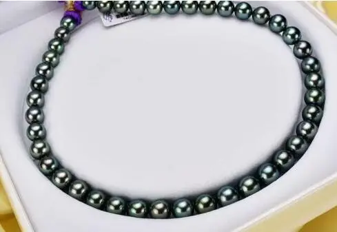 Элегантный AAA круглый 11-12mmTahitian черный зеленый жемчуг NECKLACE17.5-18 дюймов