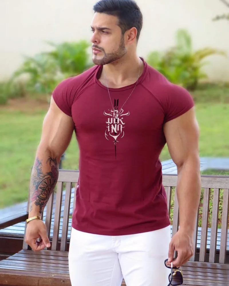 Модная брендовая мужская Спортивная футболка с коротким рукавом для фитнеса, одежда для бодибилдинга, облегающая Мужская футболка для тренажерного зала, футболка, одежда