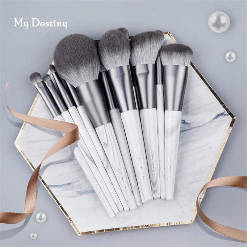 12pcs Makeup Brushes Set Marble Grey Wood Handle Soft Powder Contour