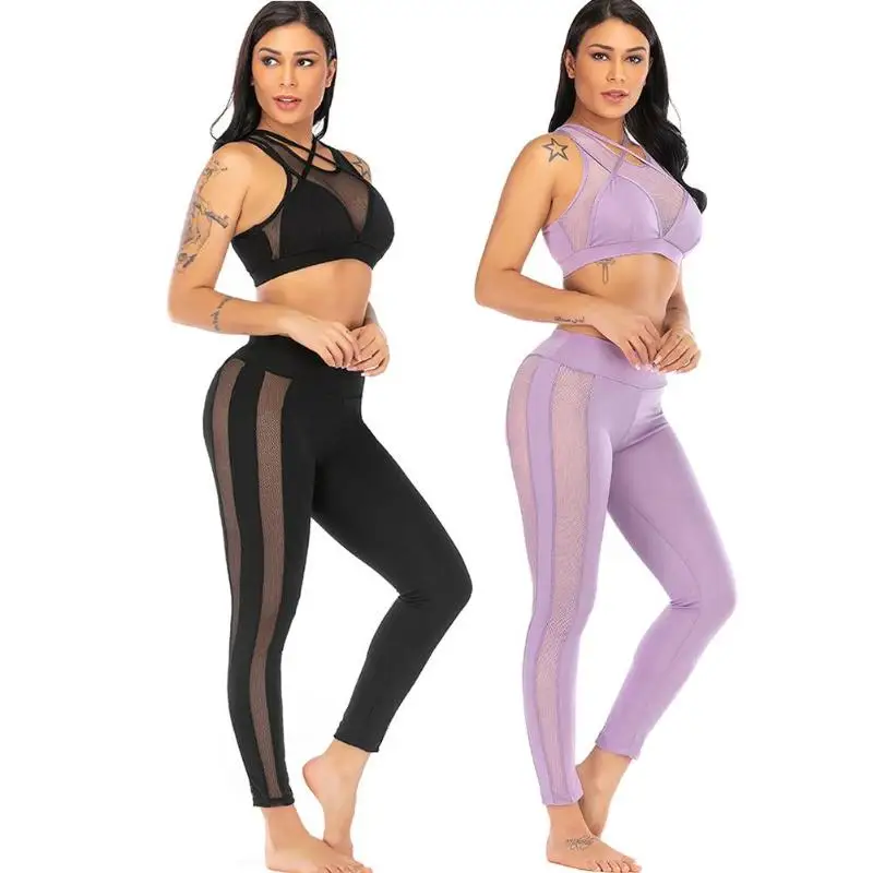 

2pcs/set Women Sports Yoga Tops Pants Sexy Hollowed Cross Spaghetti Strap Workout Mesh Breathable Fitness Clothing Training Pant