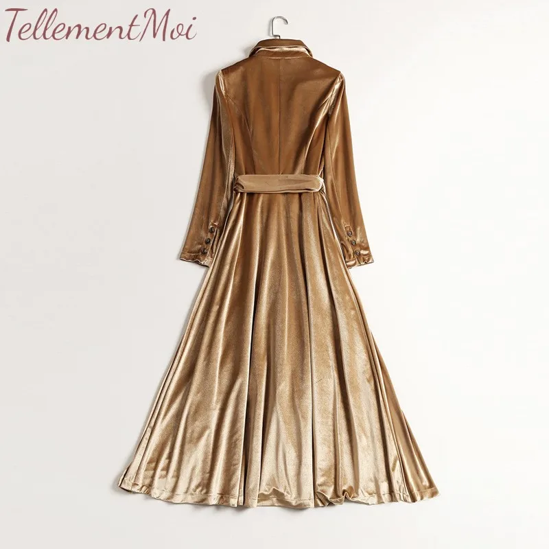 Women Long Trench Coat with Belt Female Velvet Gold Long Elegant Office Ladies Long Sleeve Double Breasted Blazer Dresses