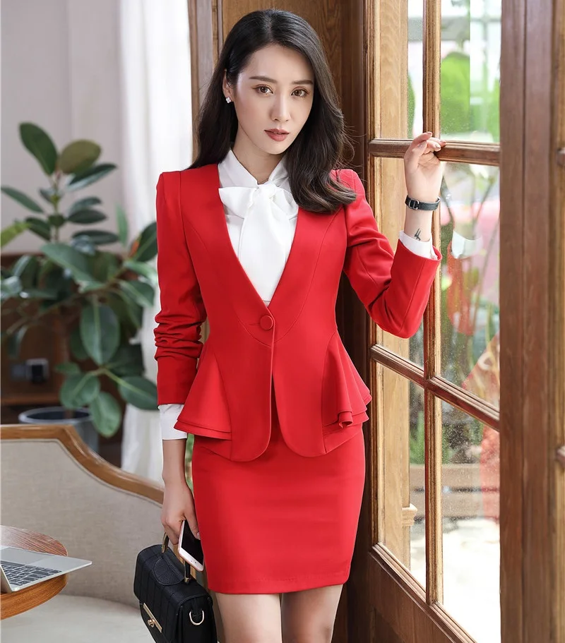 New 2018 Fashion Red Blazer Women Business Suits with Skirt and Jacket