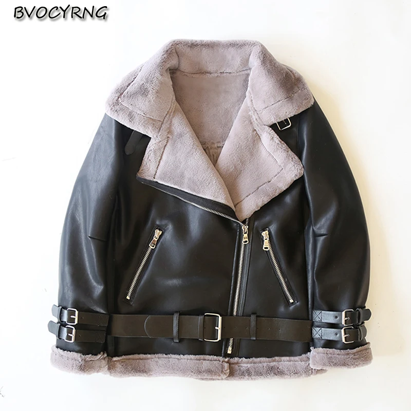 

Lamb Fur Coat Female Pu Leather Jacket New Winter Short Loose Plus Velvet Thick Wool Clothes Female Winter Leather Parka A0908