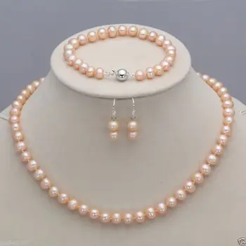 

100% Selling full Genuine 7-8mm Freshwater Cultured Pearl Necklace Bracelet & Earrings A Set