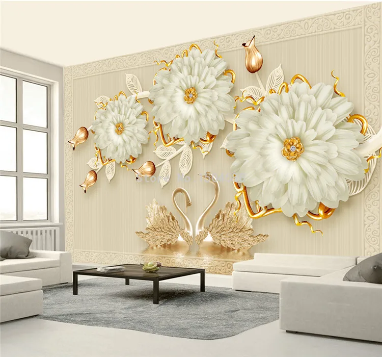 European Style Luxury 3D Flowers Swan Wallpaper