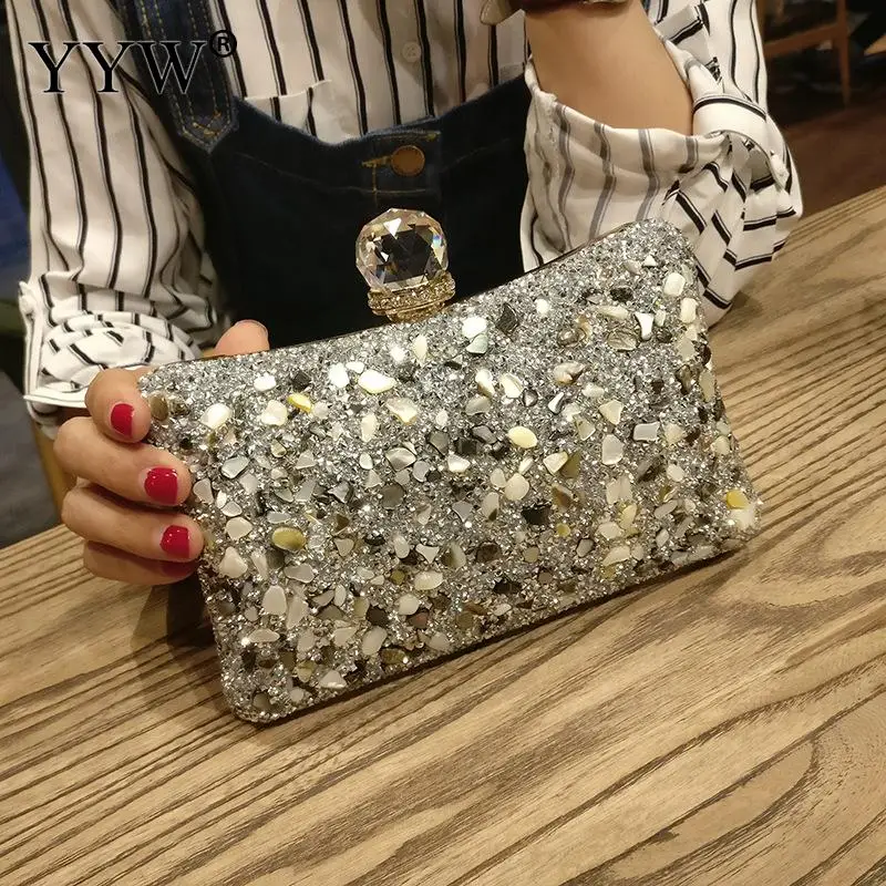 

Silver Diamonds Box Bag evening Clutch Purse Women Fashion Mini Chain Shoulder Bags Female Elegant Wedding Party Clutches pouch