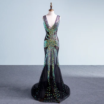 

Sparkly Multicolor Rhinestones Sleeveless Mesh Long Dress Women's Birthday Celebrate Nightclub Female Singer Show Clothes Dress