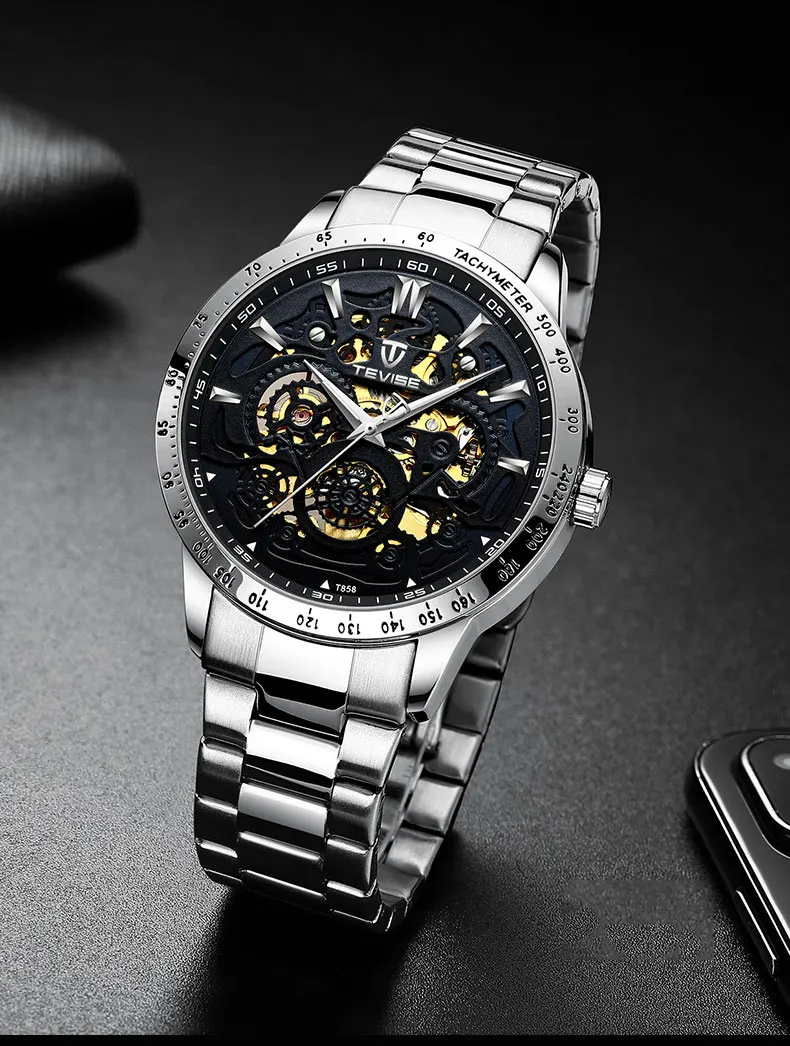 Tevise New Men's Automatic Mechanical Watches Hollow Skeleton Watch Men Top Brand Male Self Winding Wristwatch Relogio Masculino