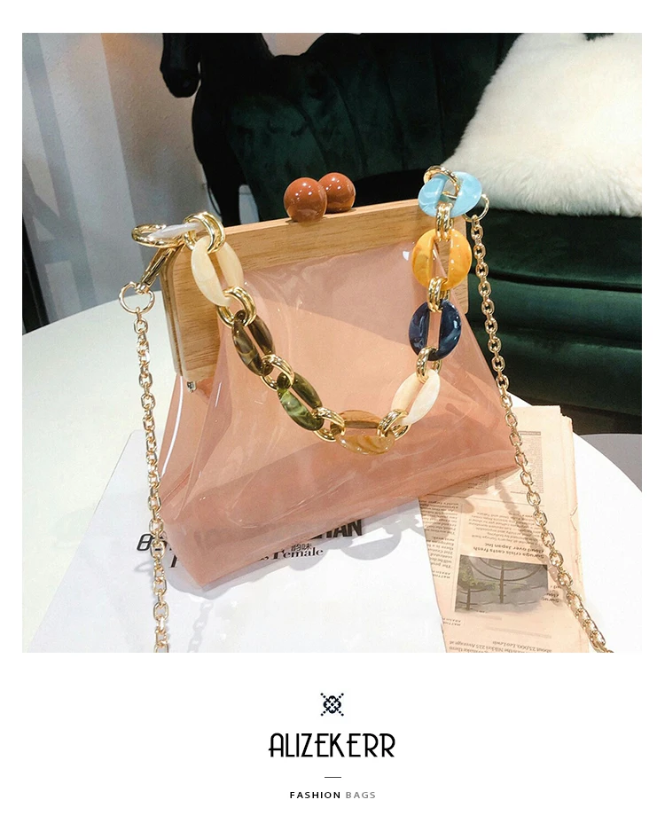 Wood Clip PVC Clear Jelly Handbag Woman New Designer Korean Acrylic Chain Transparent Jelly Shoulder Bag Clutch Female