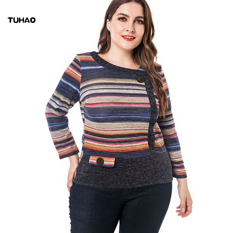 TUHAO Plus Size 6XL 5XL Vintage Office Lady Women Blouses and Shirts Top Long Sleeve Striped Elegant Blouse Shirt Female ZPZ