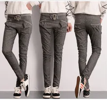 free shipping 2015 spring autumn grey pencil leg hemp emoji joggers with drawstring loose fit women harem pants