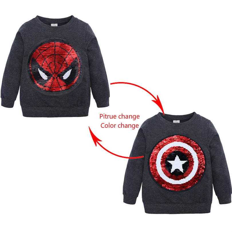 Одежда для детей весенне-Осенняя детская цветная рубашка с блестками и изображением Человека-паука, толстовки с капюшоном с изображением Капитана Америки