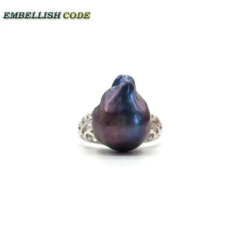 

Adjustable size Resize baroque pearl 925 silver ring hyperbole black blue Lustrous tissue nucleated fire ball shape for women
