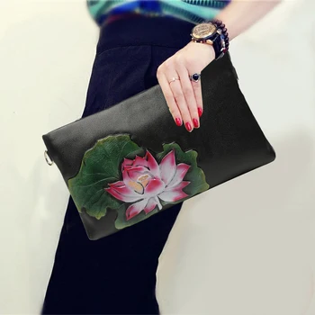 

National Style Clutch Bag Genuine Leather Cow Leather Flower Envelope Bag Soft Clutches Pack for Women Chain Shoulder Bags Gifts