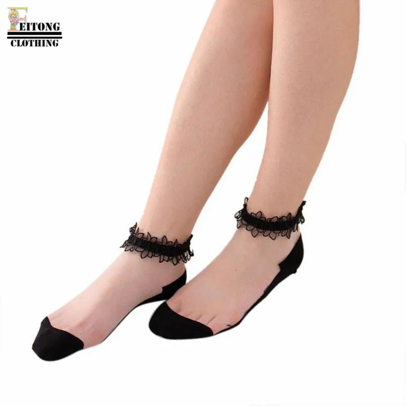 

FEITONG 2017 Ultrathin Transparent Beautiful crystal silk Lace Elastic Short Socks 7 Colors free Shipping