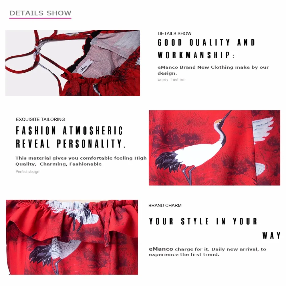 e-Manco Ruffle Floral Casual Off shoulder Red dress Fashion Printed Sleeveless Ruffles Keen-Length Sexy Spaghetti Strap Dress