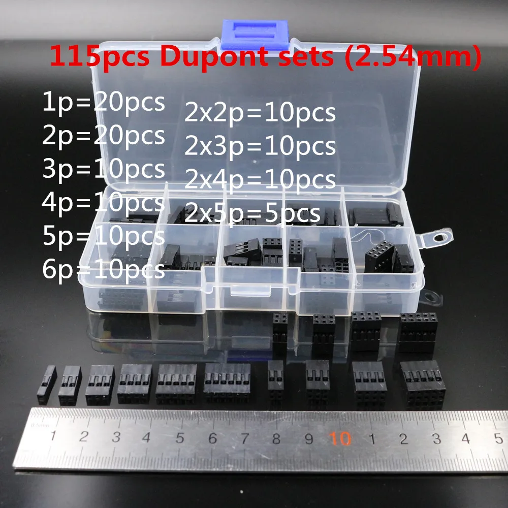 

Boxed 115pc Dupont sets Kit with box 1P/2P/3P/4P/5P/6P/2*2/2*3/2*4/ 2*5Pin Housing Plastic Shell Terminal Jumper Wire Connector