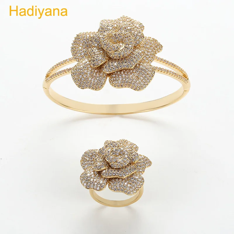 

HADIYANA 2017 Flower Shape Bangle&Ring 2pcs Jewelry Set AAA Cubic Zirconia 3 Tones Dubai Luxury Design 3 Muticolors Party SZ109