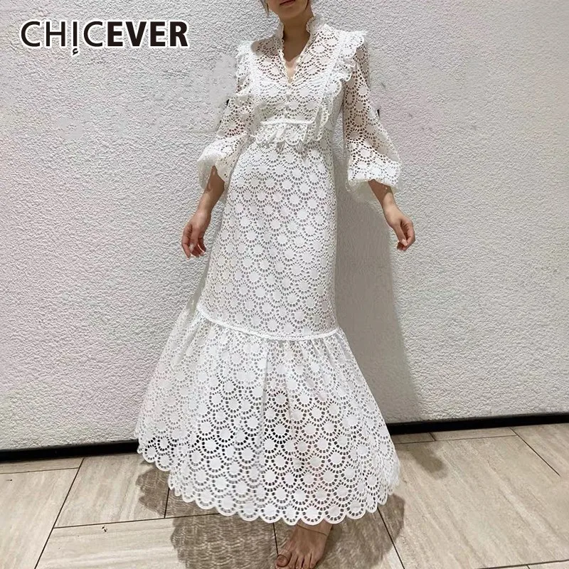 CHICEVER летнее Элегантное открытое белое платье для женщин со стоячим воротником с