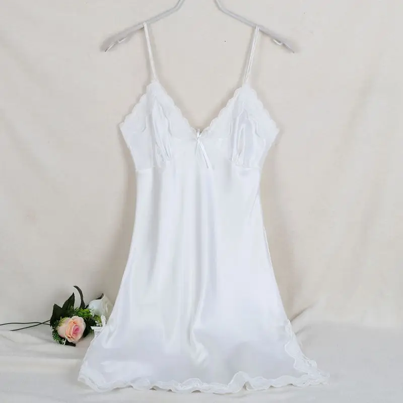 Женская сексуальная шелковая атласная ночная рубашка без рукавов с v-образным вырезом, ночная рубашка размера плюс, кружевная Пижама для женщин, ночная рубашка - Цвет: White