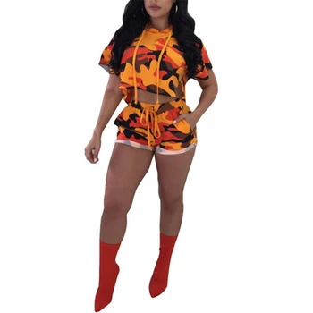 

2018 Two Piece Set Short Pants Women Cropped Top Short Sleeve Drawstring High Wiast Sexy Camouflage Fashion Casual Women Set