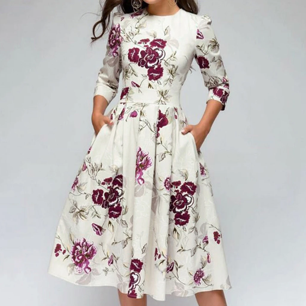 NREALY Dress Womens Elegent A-line Vintage Printing Party Vestidos Dress