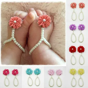 

Infant Kids Anklet Baby Girl Sole Crib Barefoot Ring Flower Pearl Shoes Sandals Newborn Foot decoration