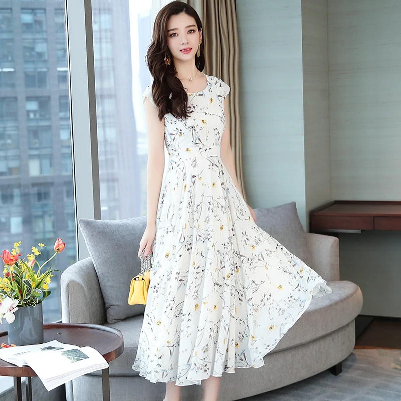 Floral Print Summer White Party Dress Plus Size Long Elegant Lady Slim Midi Beach Short Sleeve Runway Vestido 2019 New Arrivals