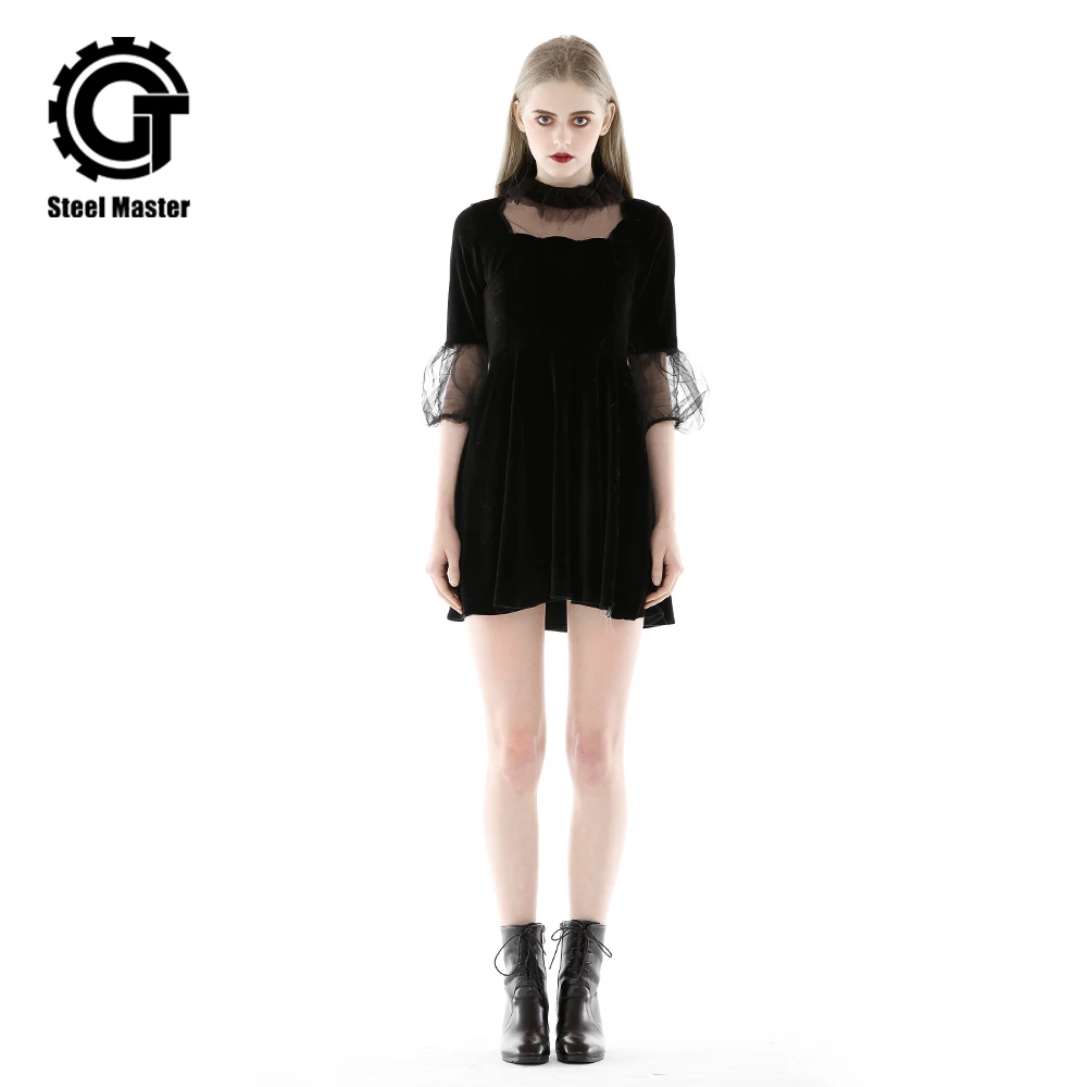 

2019 Female Spring And Summer New Dark Five-point Sleeve Waist Slim Punk Retro Chic Mesh Stitching A Word Sexy Dress