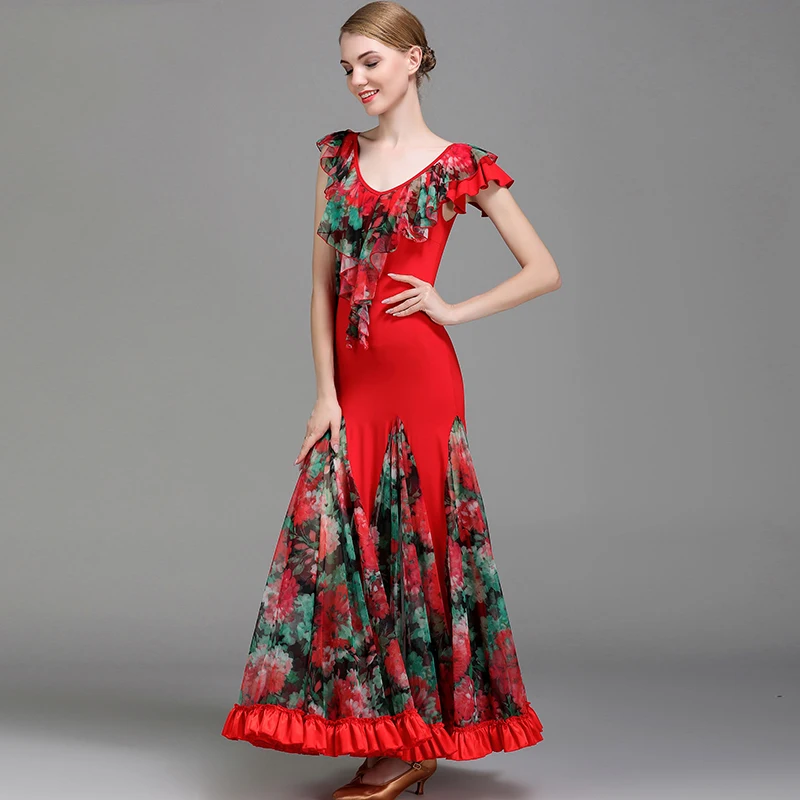 Дешевый бального танца Конкурс платья фламенко стандарт танцевальные платья Вальс Танго D0977 3 вида цветов большой подол с оборками