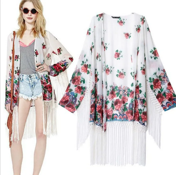 

Kimono Cardigan 2014 Fashion Women Summer Spring Shirts European Style tassle Blouse Floral Print Blusas de seda TTL-95