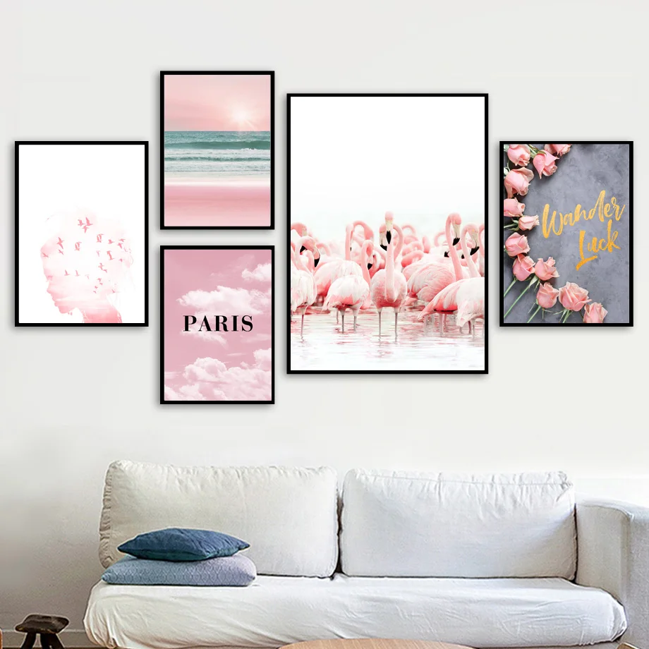 

Pink Rose Flower Flamingo Girl Sea Beach Wall Art Canvas Painting Nordic Posters And Prints Wall Pictures For Living Room Decor